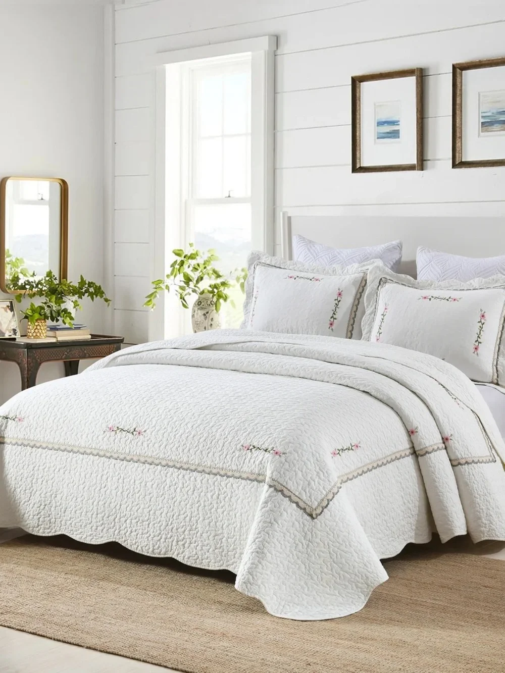 3 PIECE 100% COTTON QUILT SET, OVERSIZED LIGHTWEIGHT EMBROIDERED BEDSPREAD